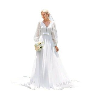 Shein V-neck Lantern Sleeve Wedding Dress White Women's Sz XL/12